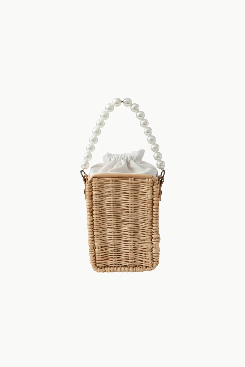 Pearl Straw Bag with wicker basket design, white fabric drawstring, and pearl handle