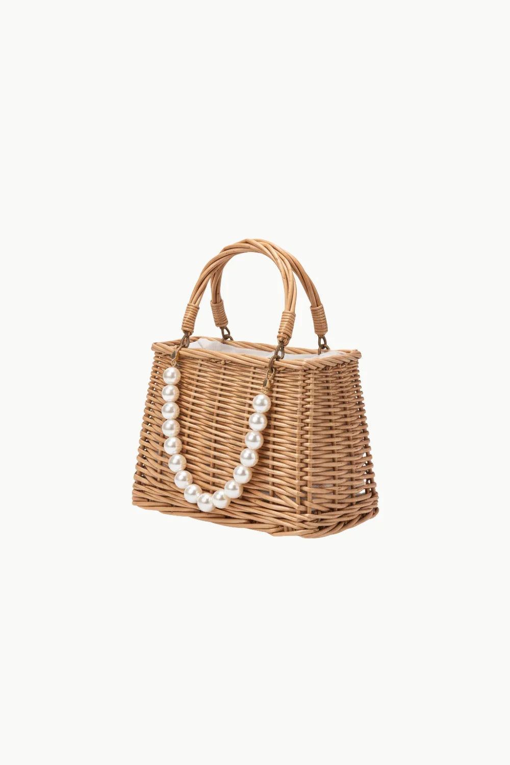 Woven wicker pearl straw bag with elegant pearl handle for stylish summer accessories
