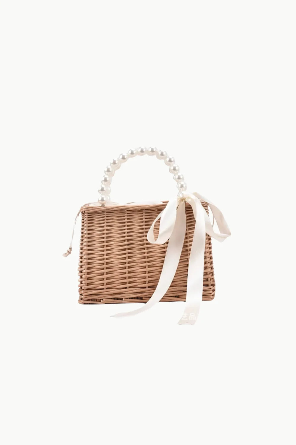 Woven wicker pearl straw bag with pearl handle and cream ribbon for stylish accessories
