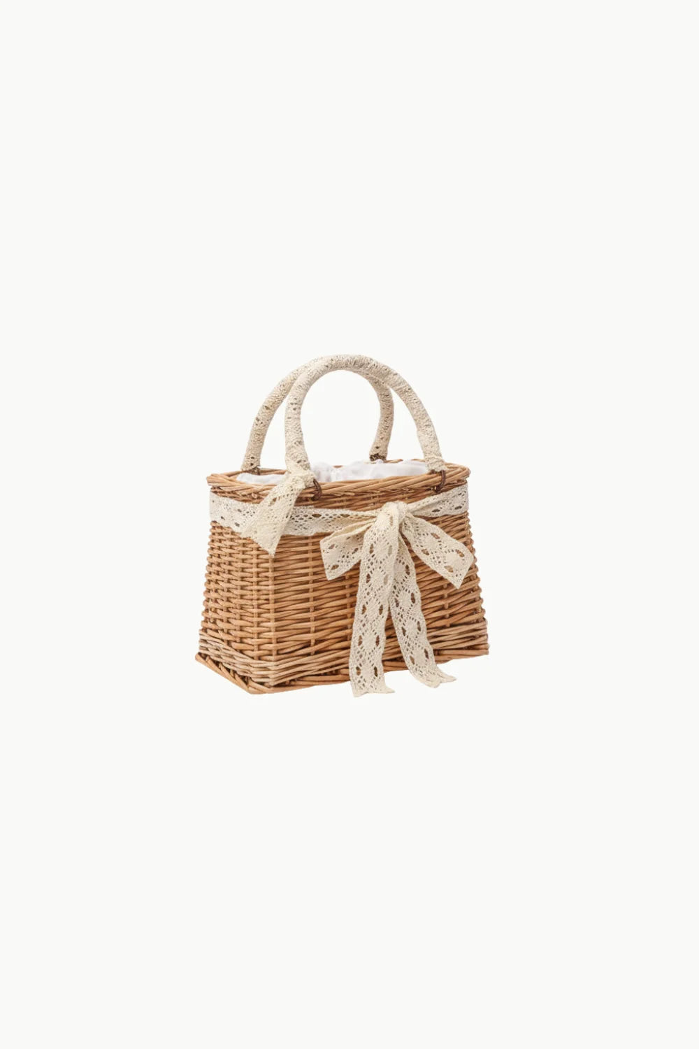 Woven wicker picnic basket with lace trim and bow, perfect for Pearl Straw Bag style