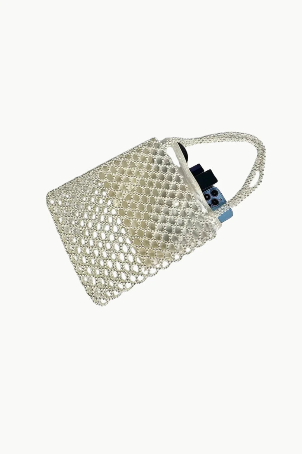 White translucent pearl tote bag with beaded handle and blue smartphone inside