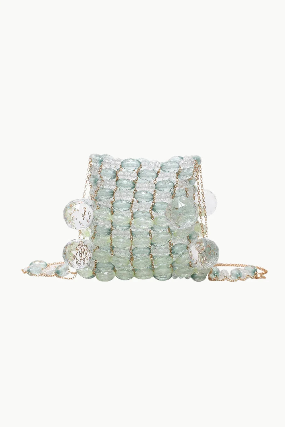 Light blue beaded bag with clear accents and gold chain, perfect as an orange beaded bag