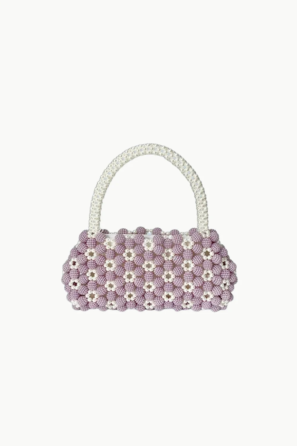 Lavender and white beaded handbag with braided top handle, stylish white beaded bag