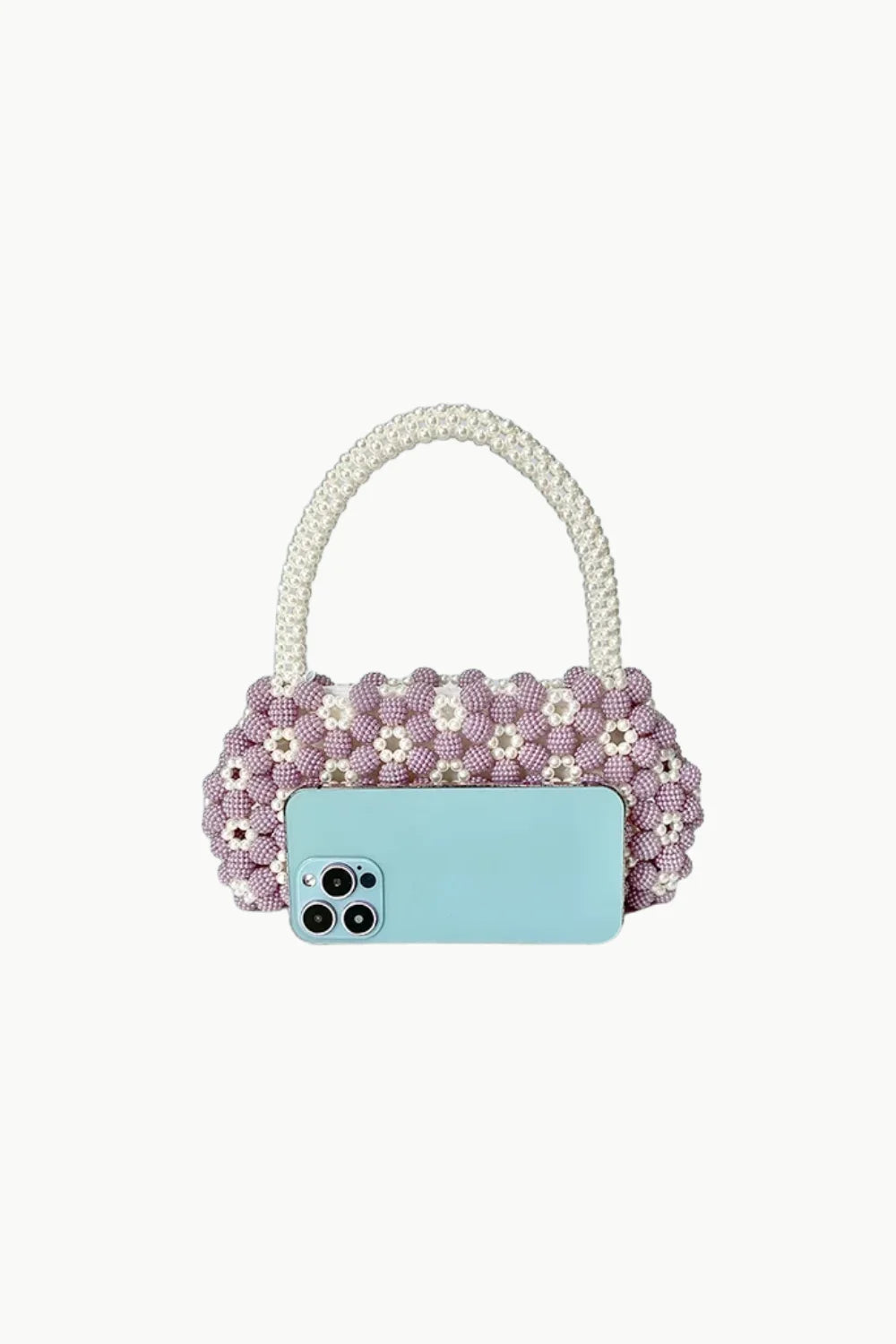 Light purple and white beaded bag with curved top handle, perfect white beaded bag accessory