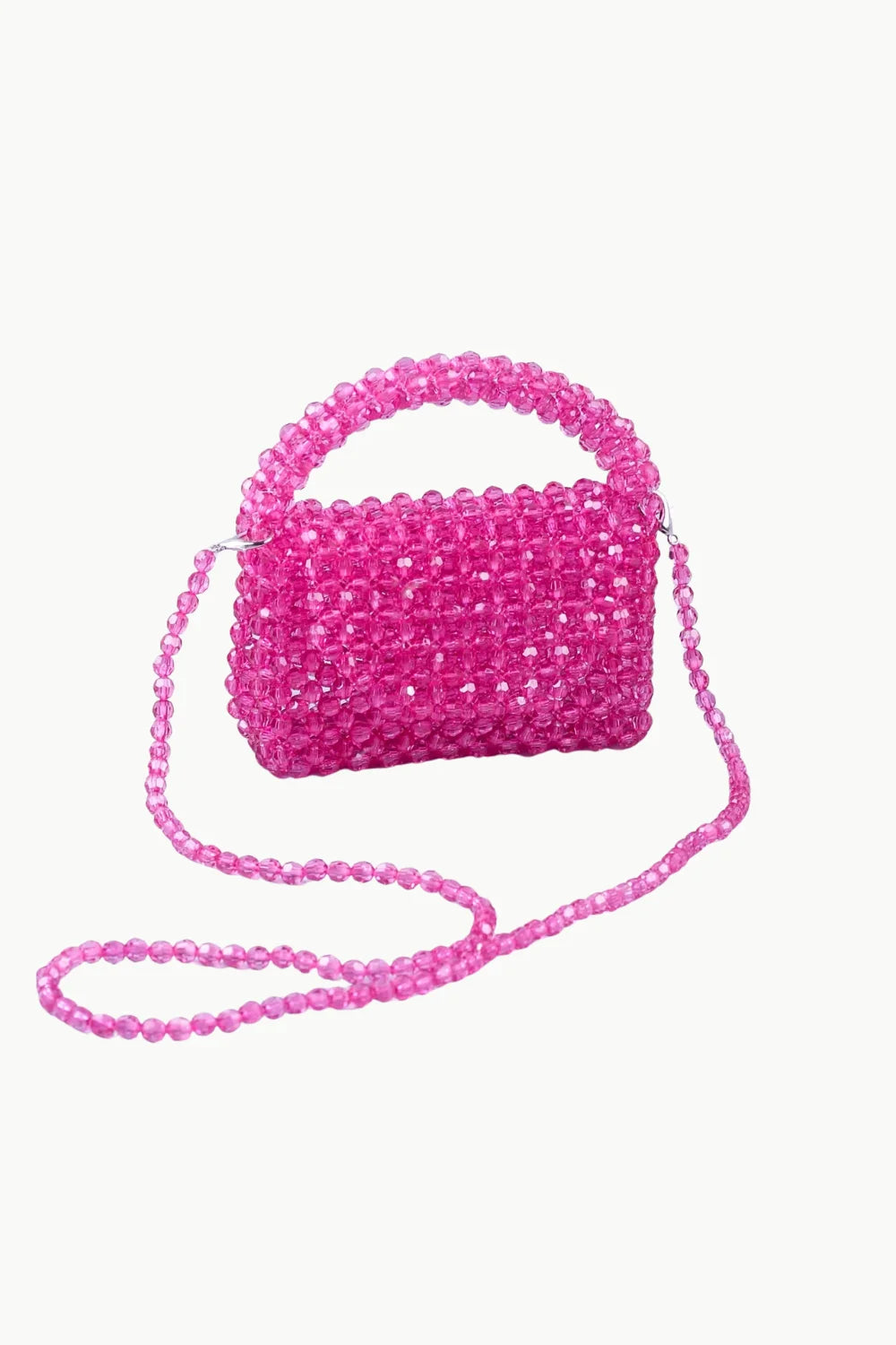 Pink Beaded Bag Charm with top handle and long shoulder strap for stylish accessories
