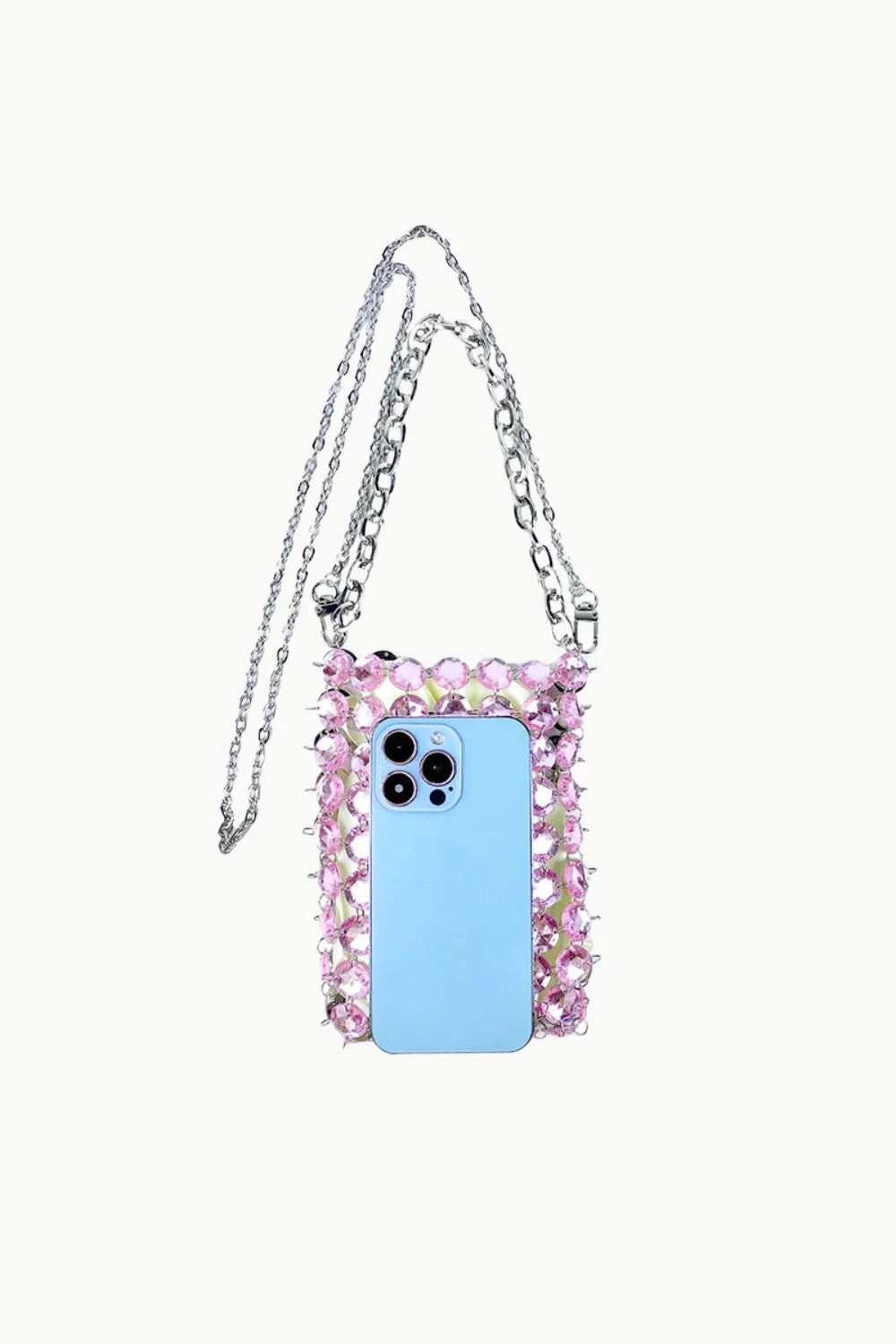 Pink beaded phone holder with silver chain strap for beaded crossbody bag style