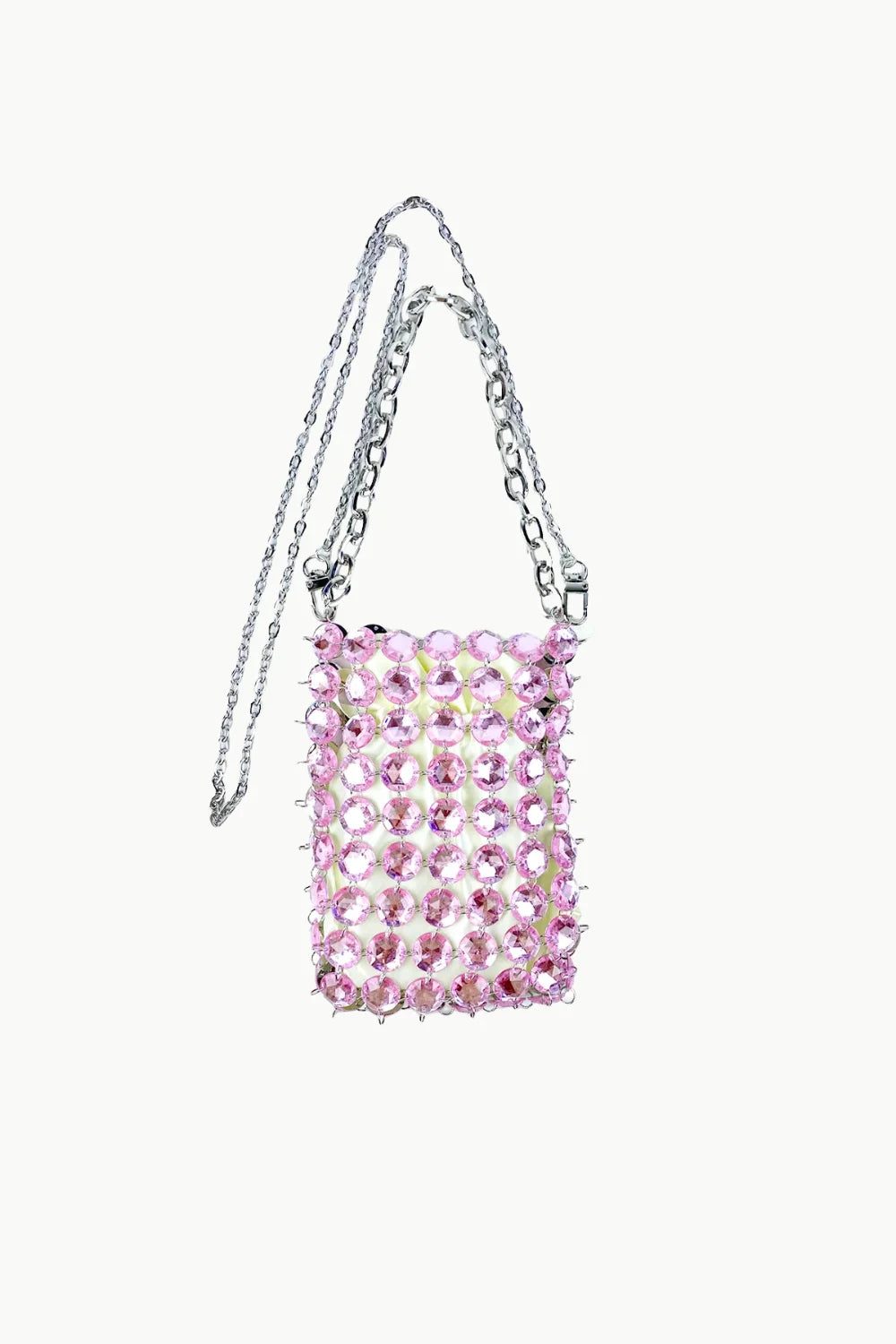 Pink beaded crossbody bag with rhinestone embellishments and silver chain straps