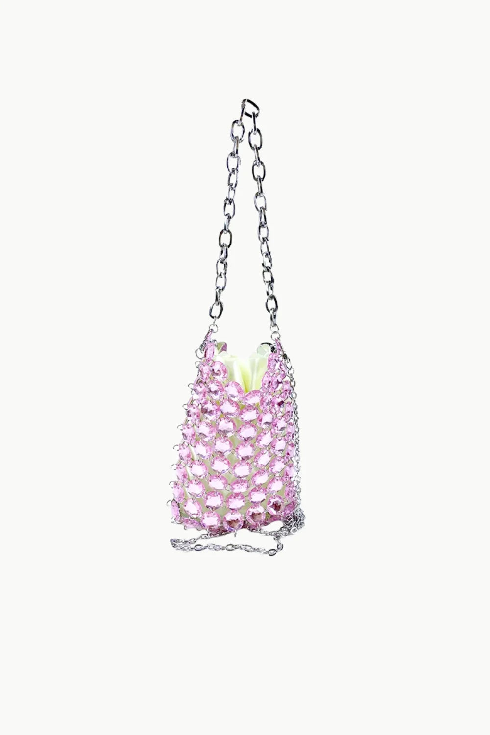 Pink beaded crossbody bag with rhinestones and silver chain strap for stylish accessories