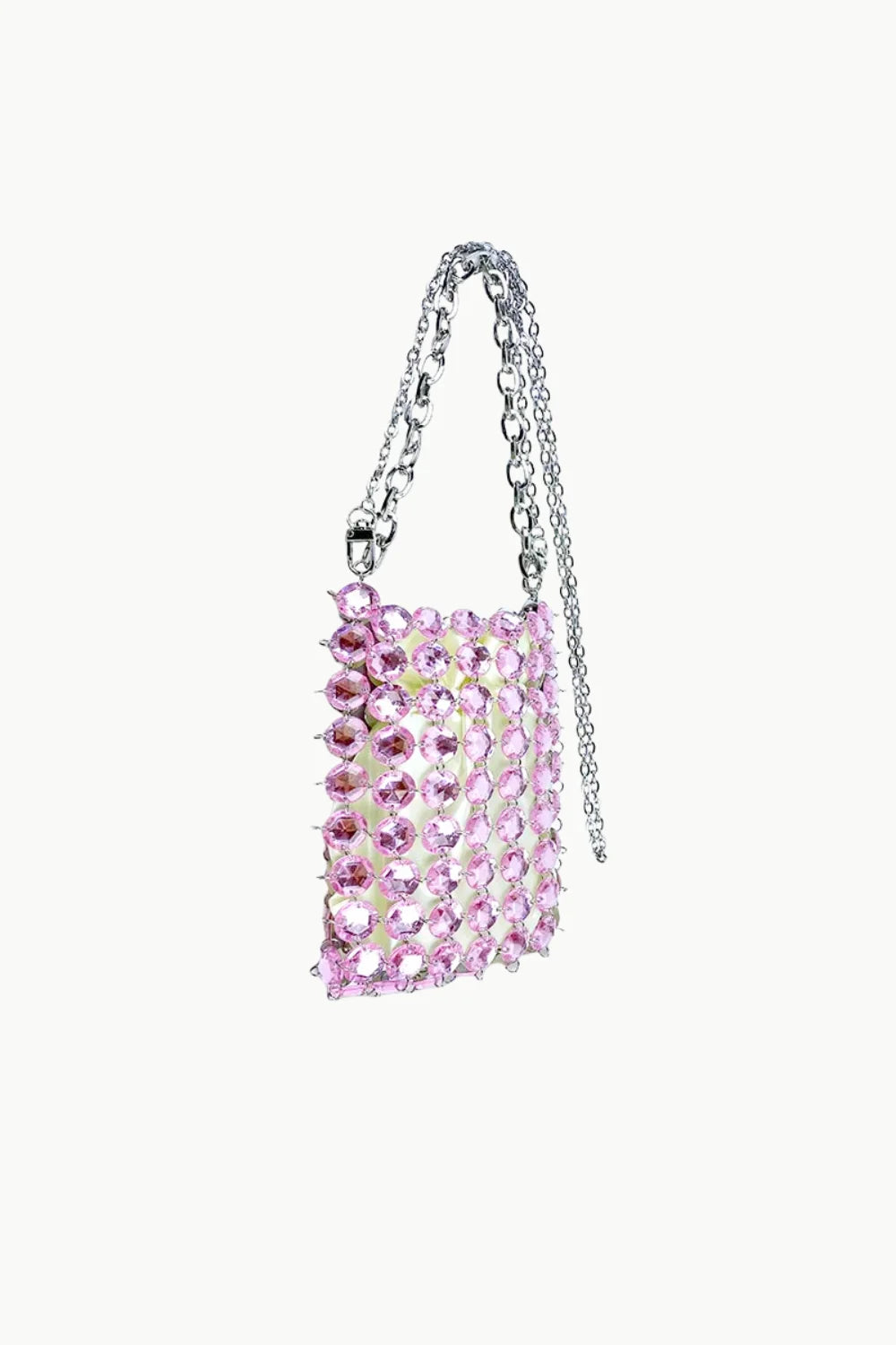 Pink beaded crossbody bag with rhinestones and silver chain straps for stylish accessories