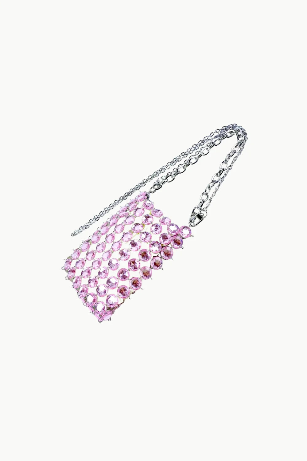 Pink beaded crossbody bag with silver chain strap for stylish women