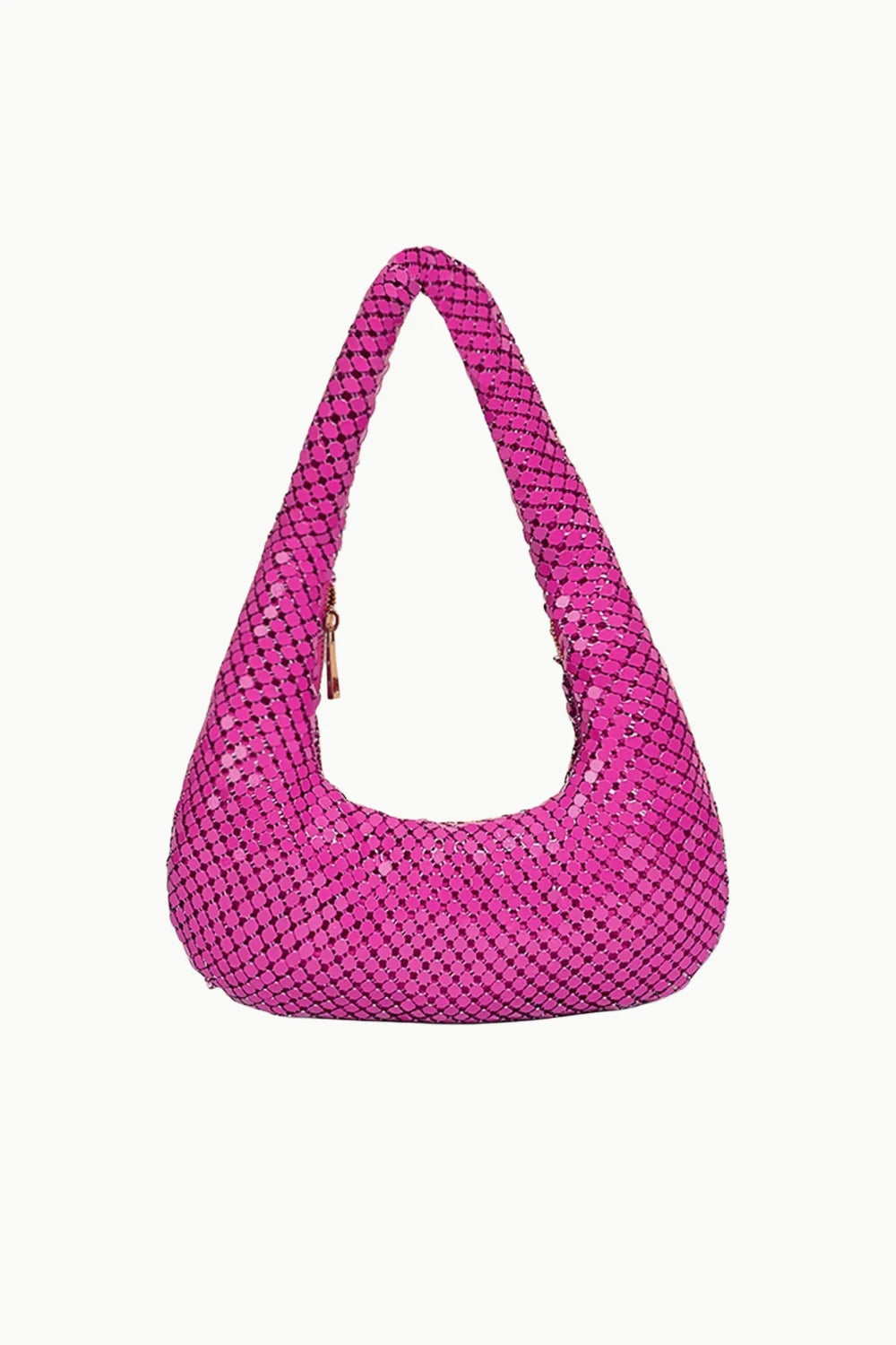 Hot pink metallic mesh shoulder bag with beaded detailing for elegant beaded evening looks