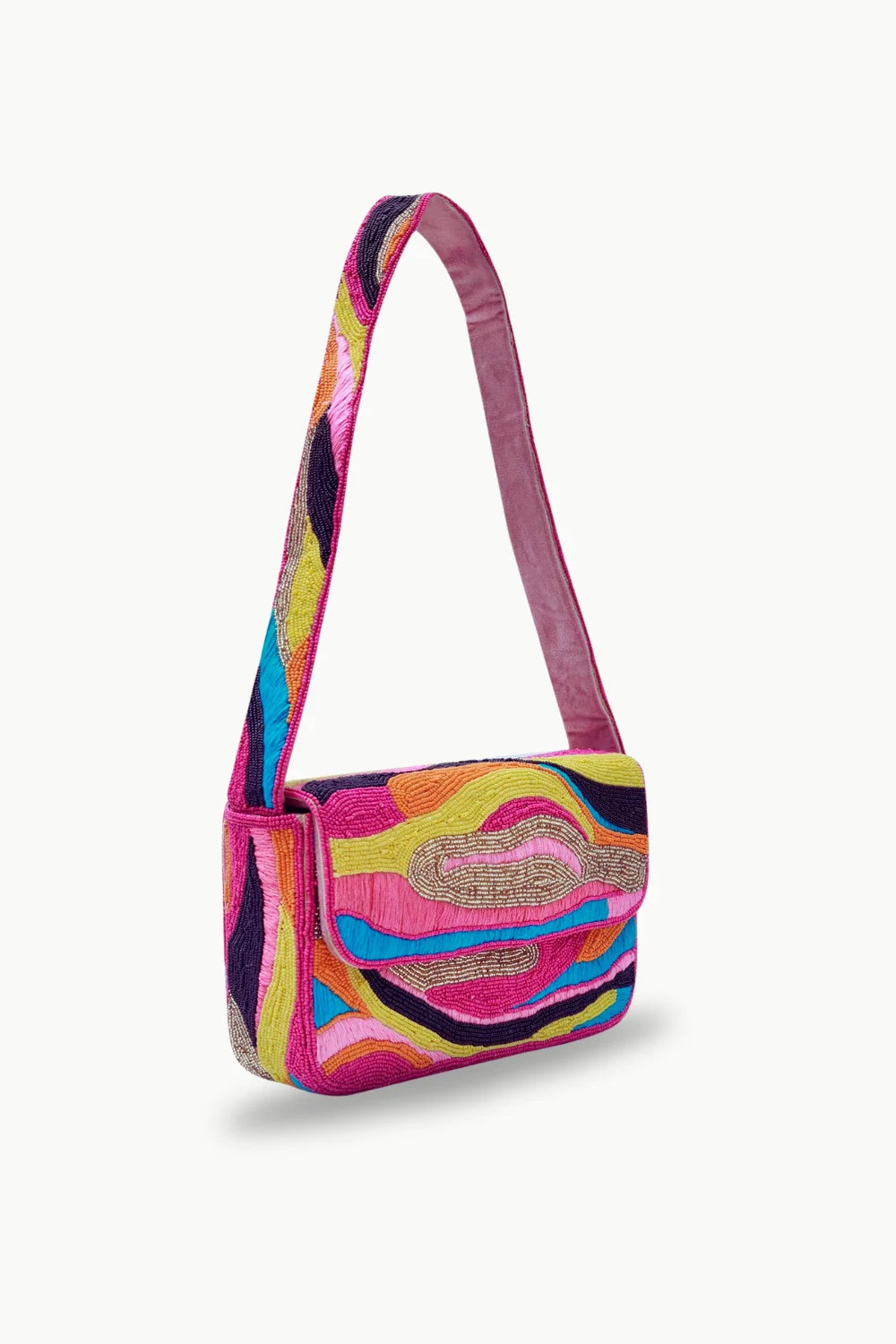 Pink beaded handbag with colorful abstract wave pattern shoulder bag for women