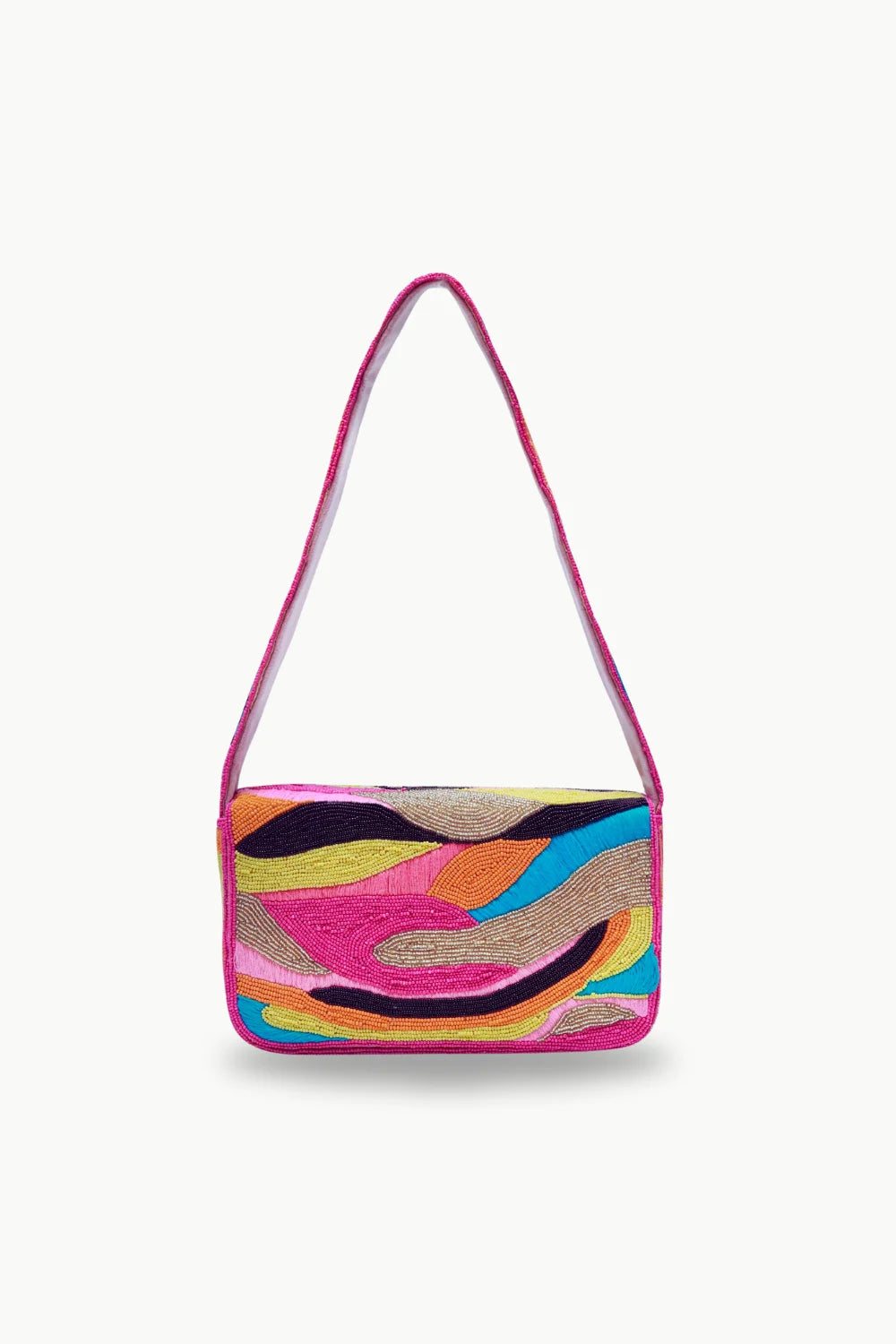 Colorful pink beaded handbag with abstract wavy pattern, stylish beaded handbag for women