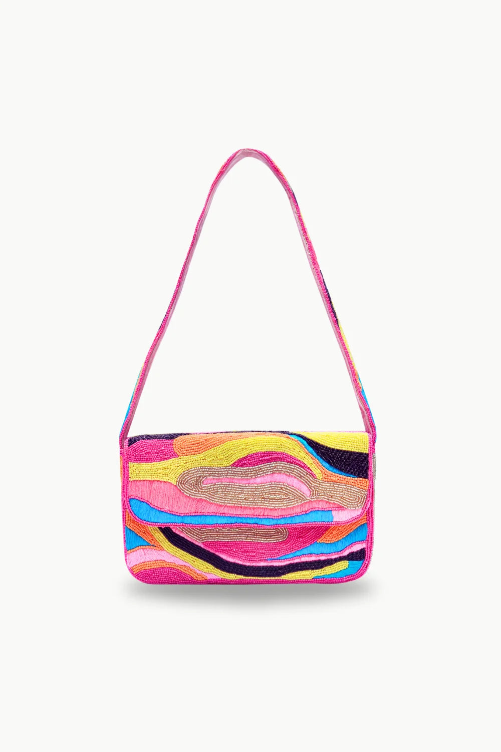 Vibrant pink beaded handbag with colorful wavy embellished design for stylish accessories