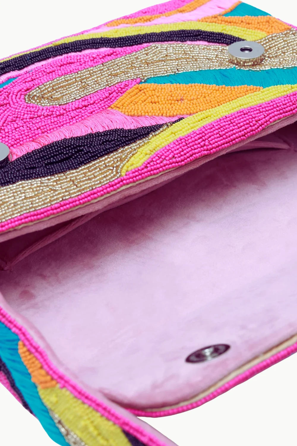 Pink beaded handbag with vibrant multicolored beads, magnetic snap closure, and soft pink lining