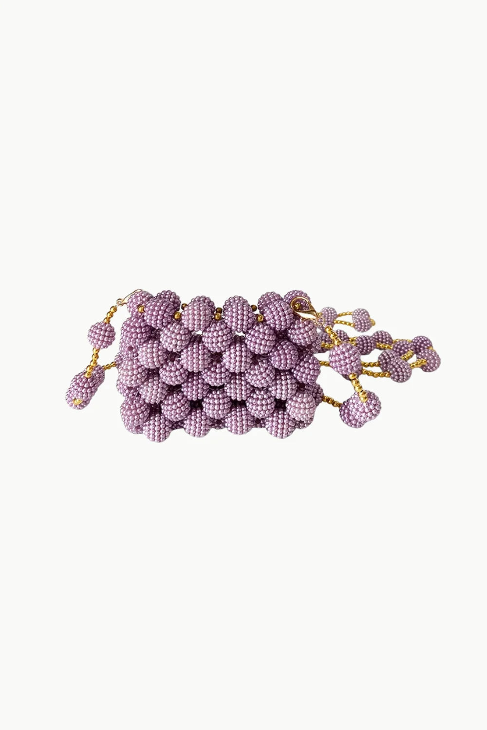 Pink beaded mini bag with lavender beads and gold-toned accents for elegant style