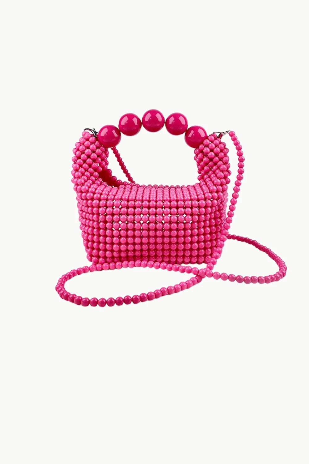 Pink Beaded Shoulder Bag with rounded beaded top handle and long beaded strap