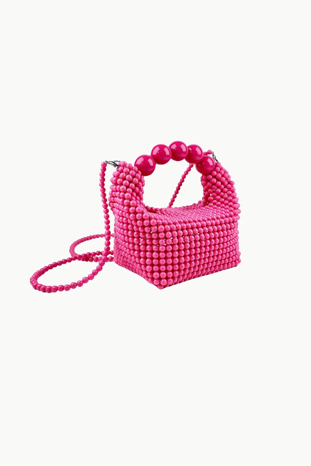 Vibrant pink beaded shoulder bag with rounded top handle and thin strap