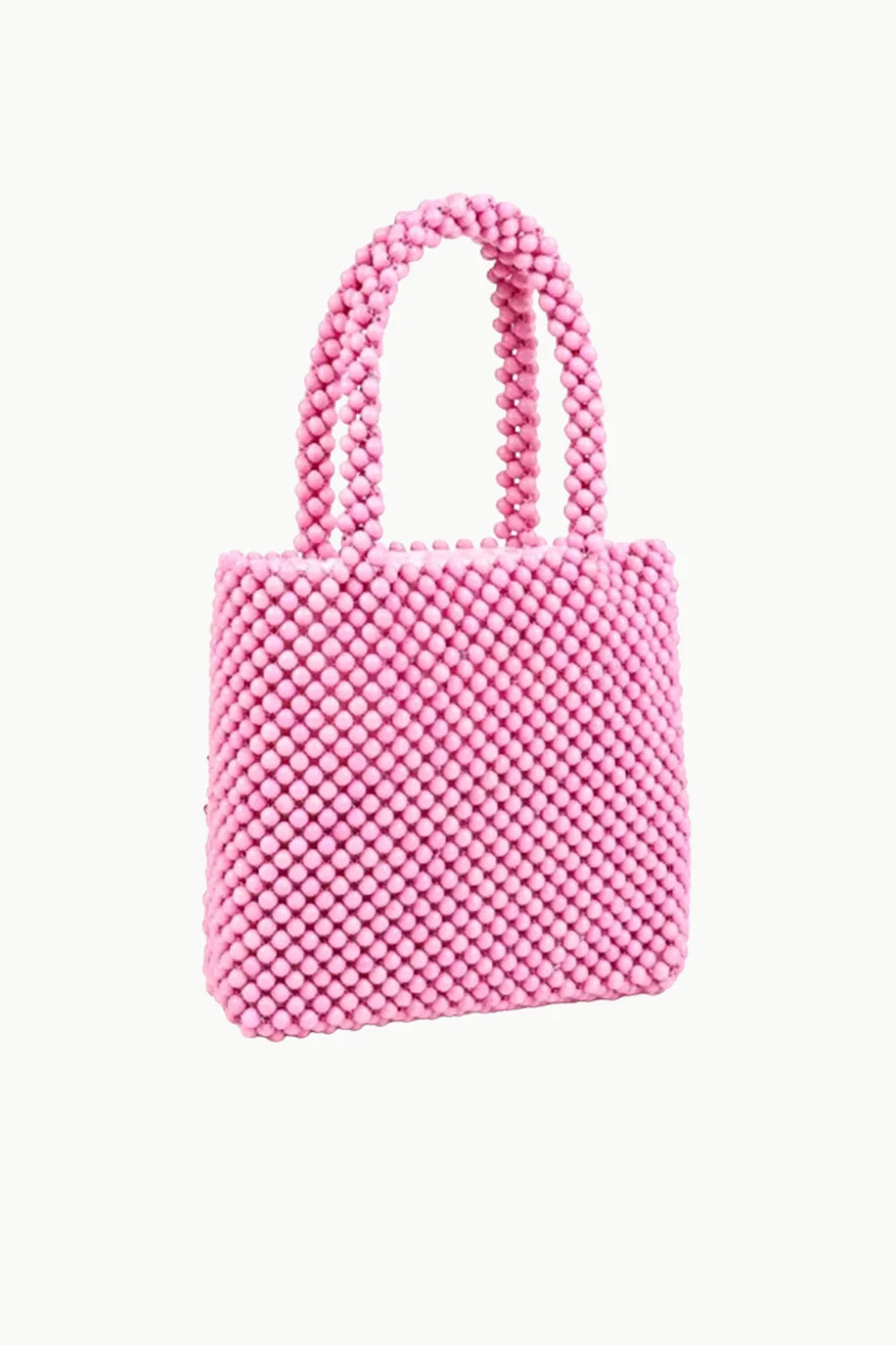 Pink beaded tote bag with intricate beaded design perfect for stylish accessories