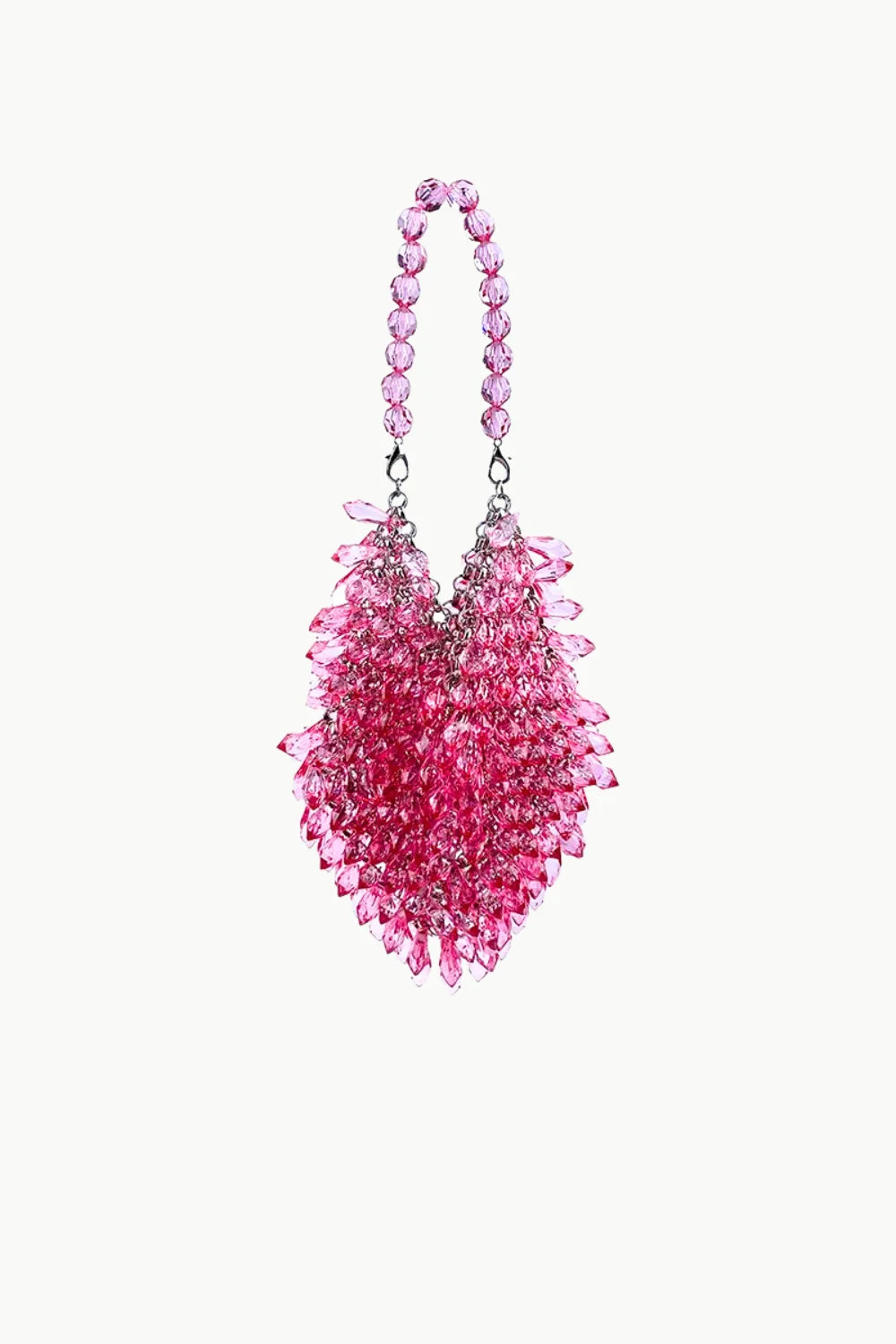 Pink crystal beaded bag with rounded handle, stylish pink beaded handbag accessory