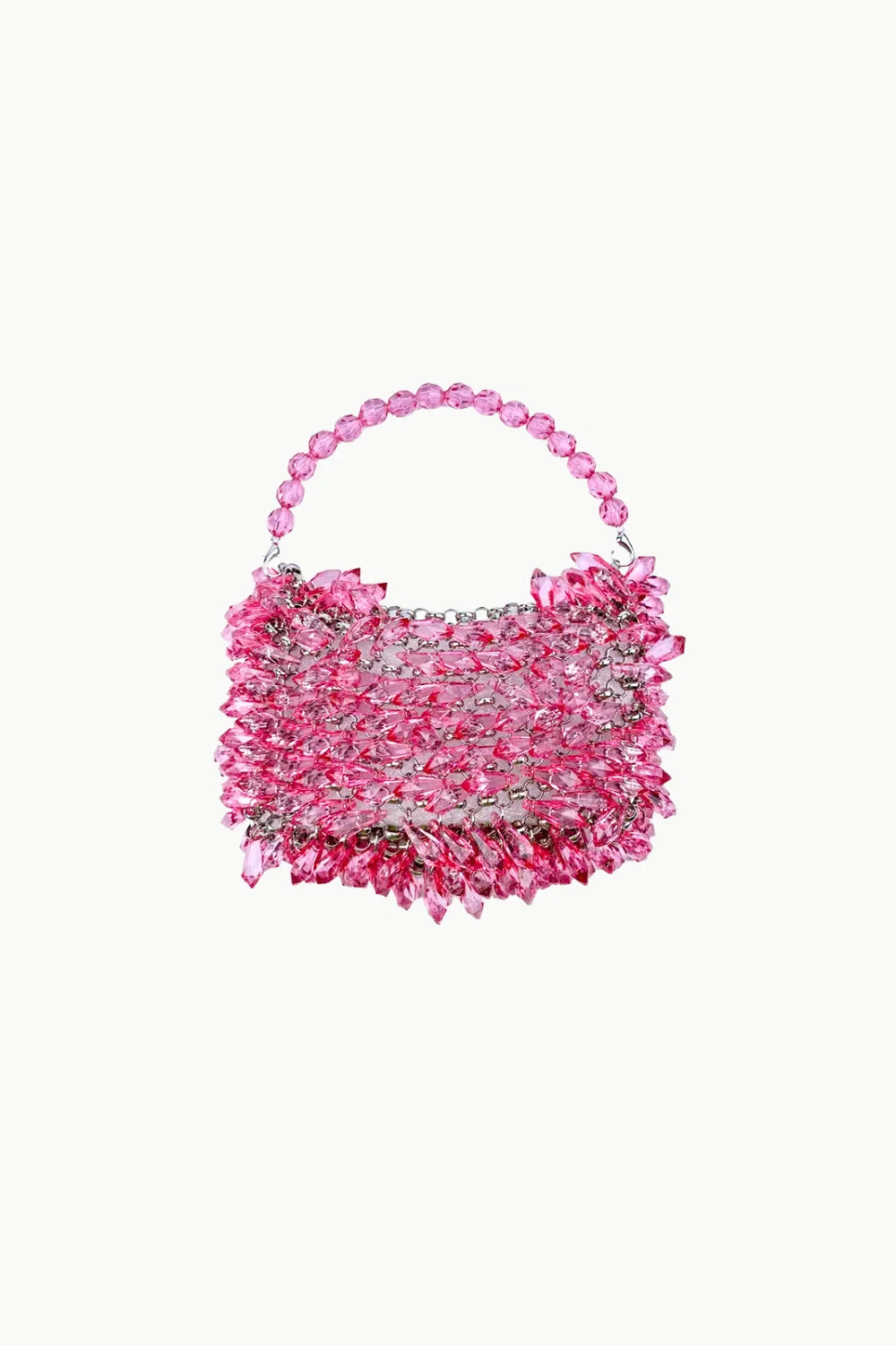 Pink crystal beaded bag with rounded handle, stylish pink beaded handbag accessory