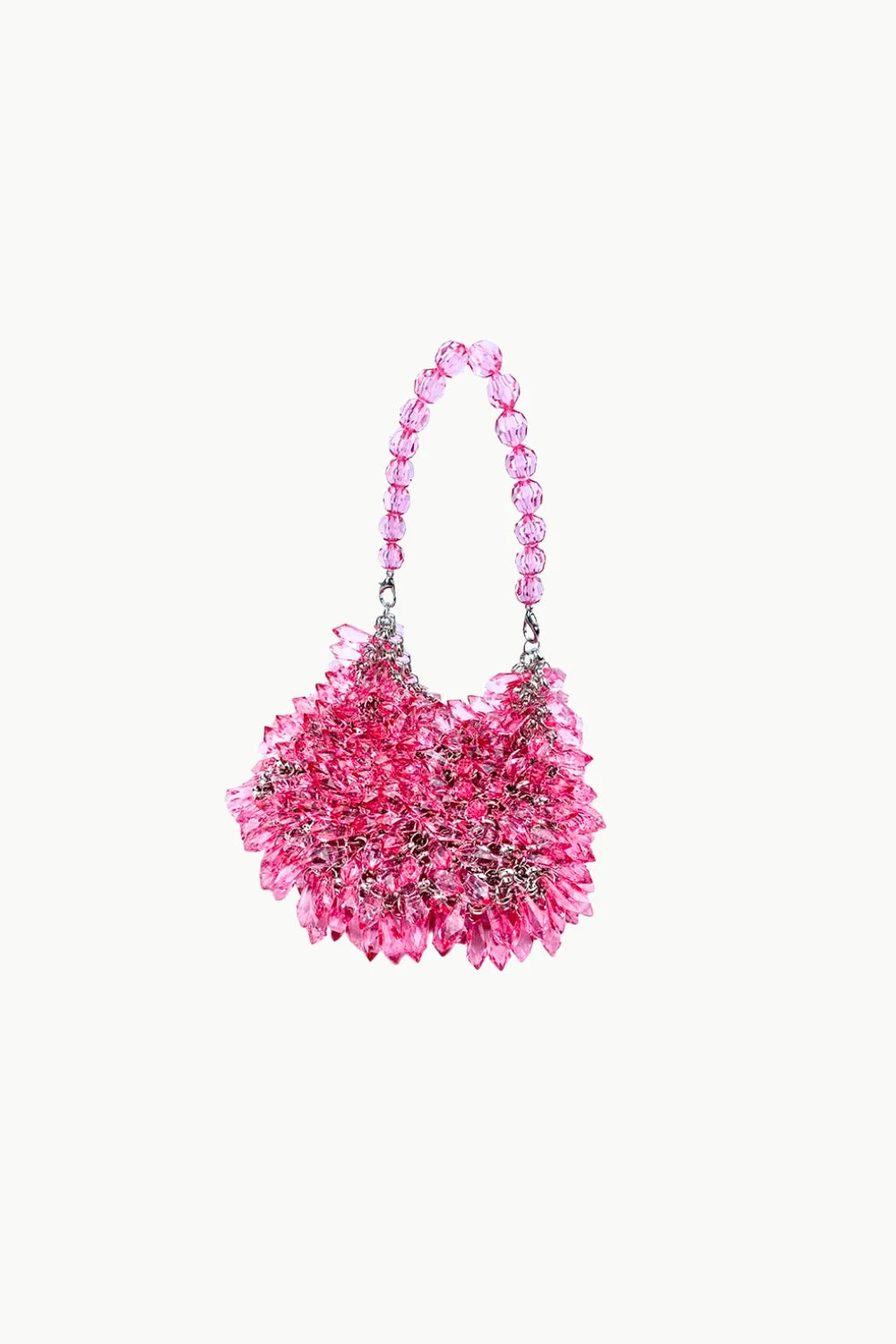 Pink crystal beaded bag with silver-tone hardware, perfect for stylish occasions