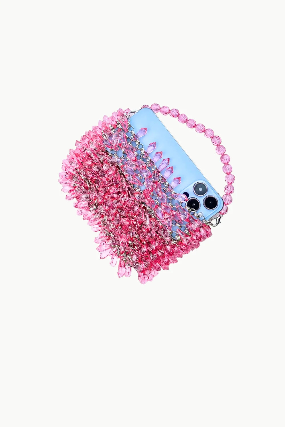 Light blue phone case with cascading pink crystal beaded strap for Pink Crystal Beaded Bag