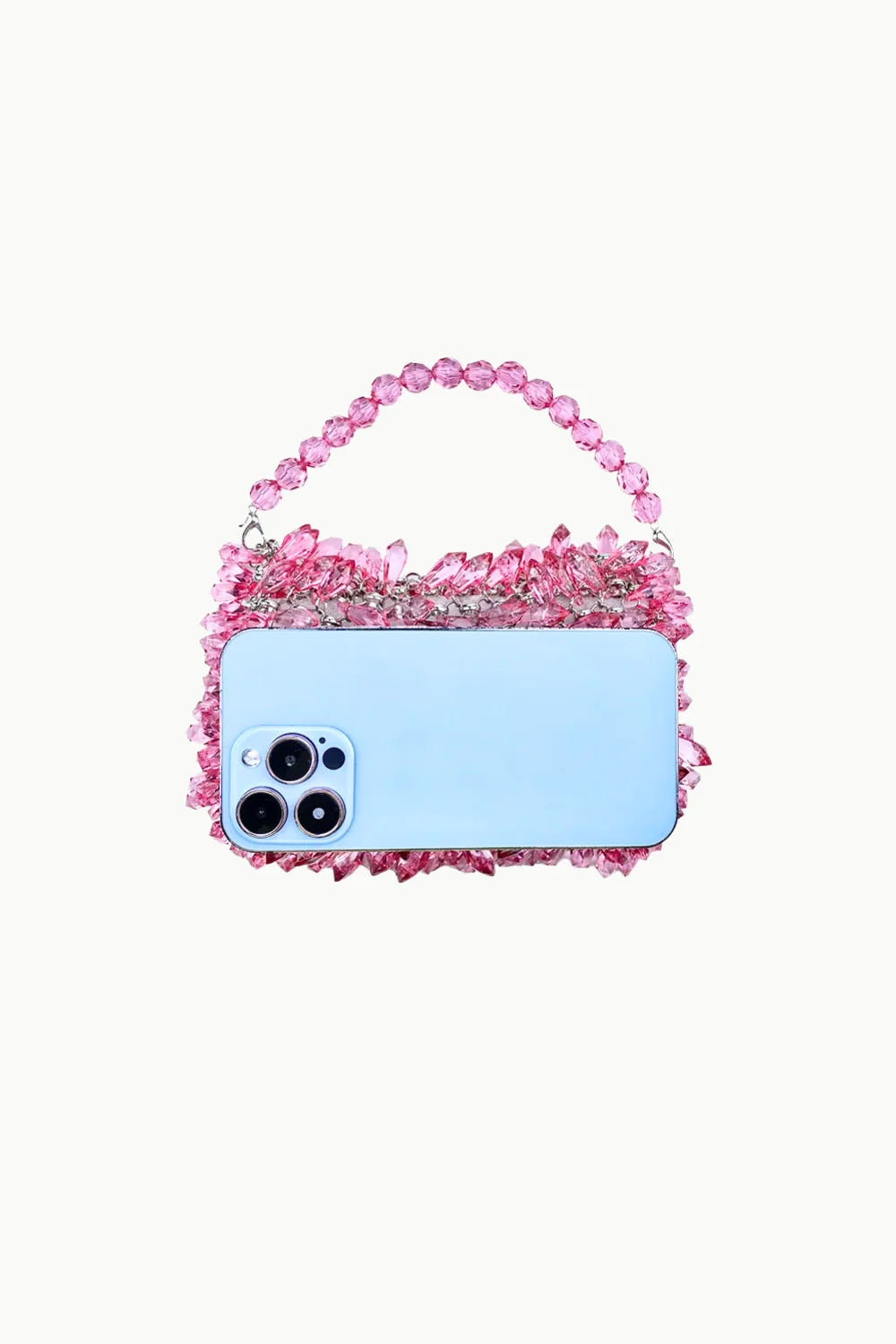 Light blue smartphone on a pink crystal beaded bag for Pink Crystal Beaded Bag product display