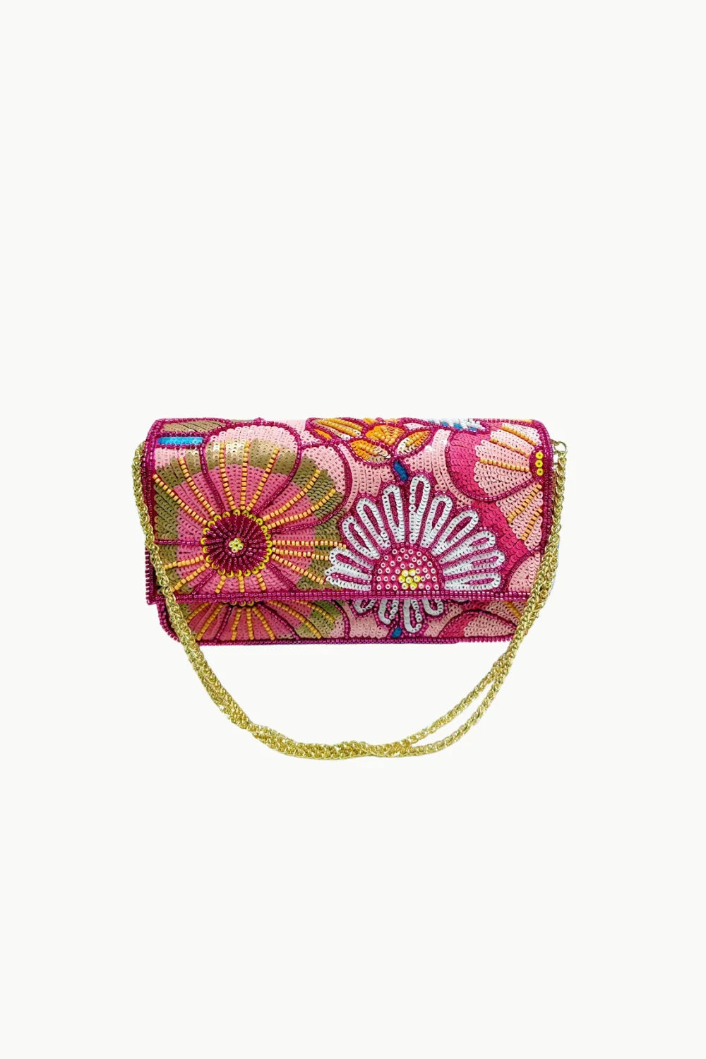 Pink floral beaded bag with gold chain strap, perfect for elegant occasions