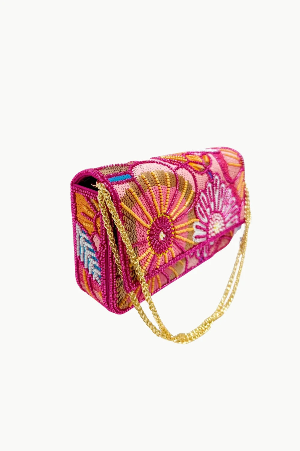 Pink floral beaded bag with embroidered floral design and gold chain strap