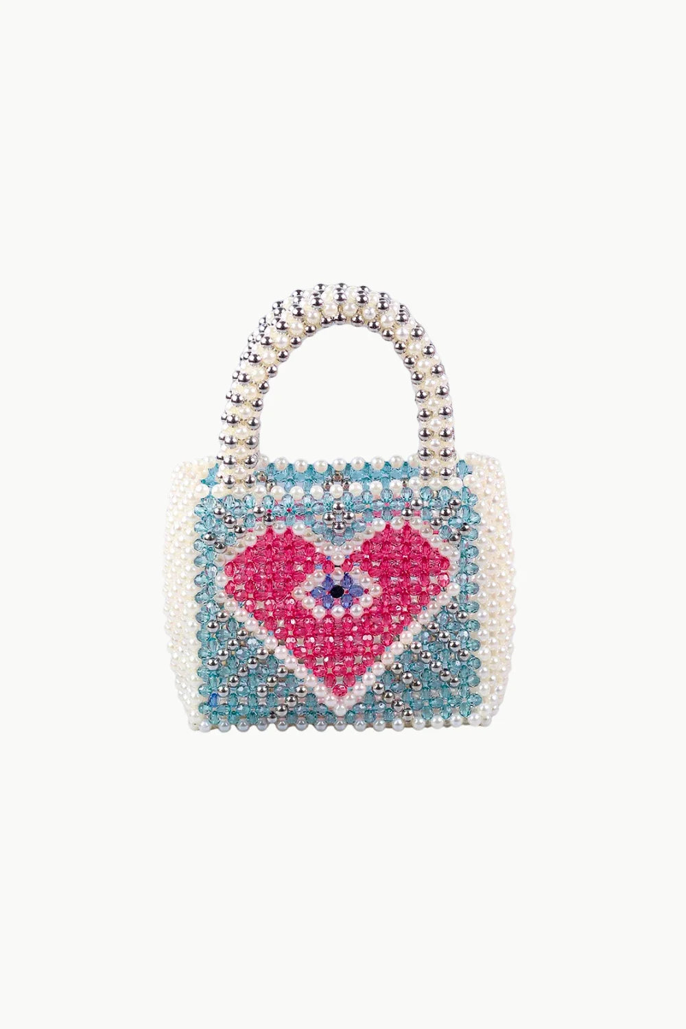 Pink Heart Beaded Bag with evil eye detail, white beaded edges, and handle