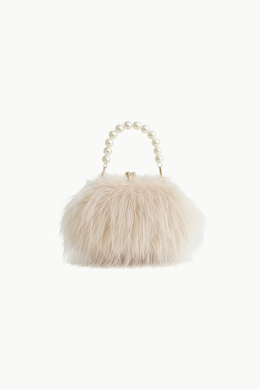 Fluffy plush beaded bag with light color and pearl-beaded handle for elegant style
