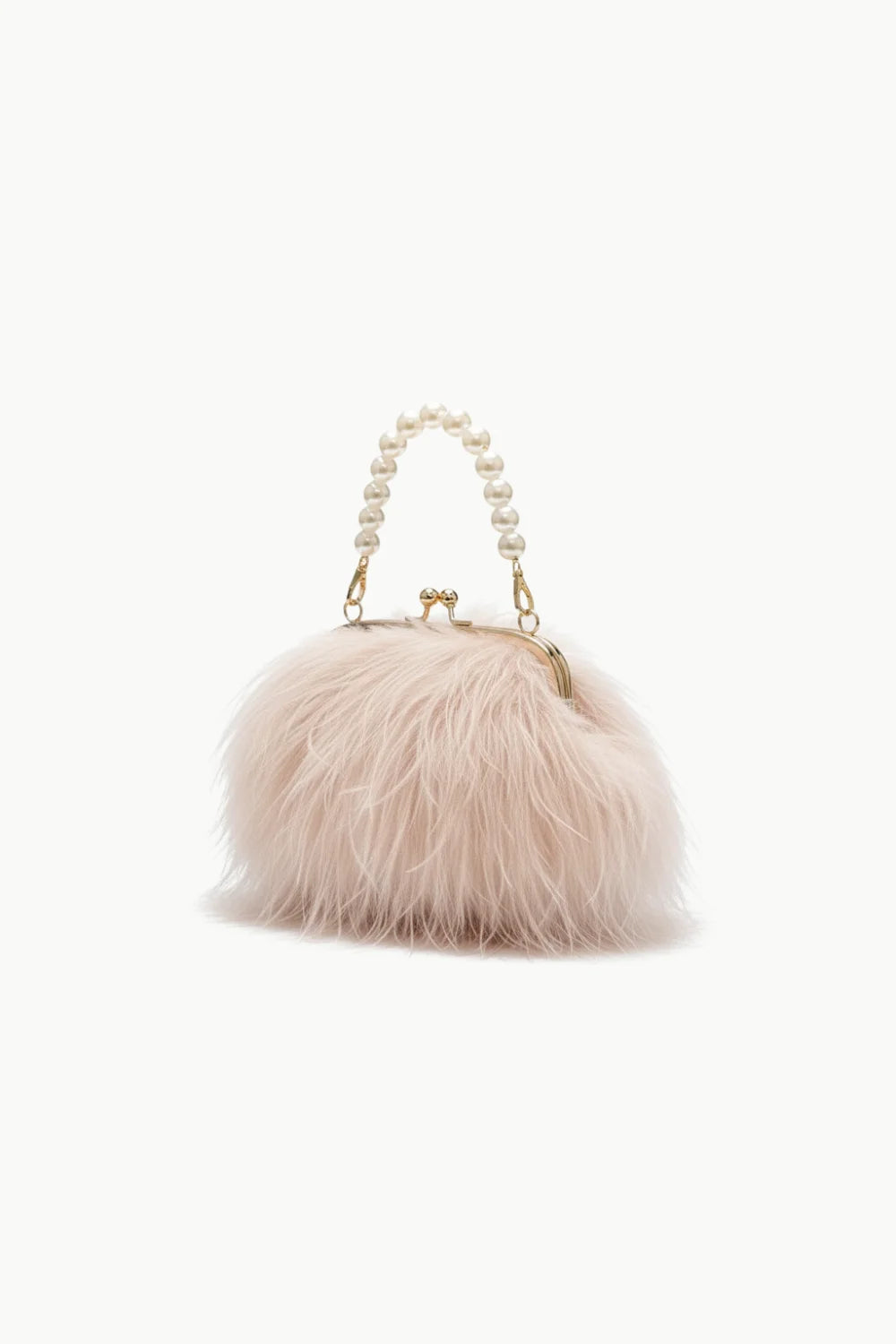 Fluffy pink plush beaded bag with pearl handle and gold clasp for elegant style