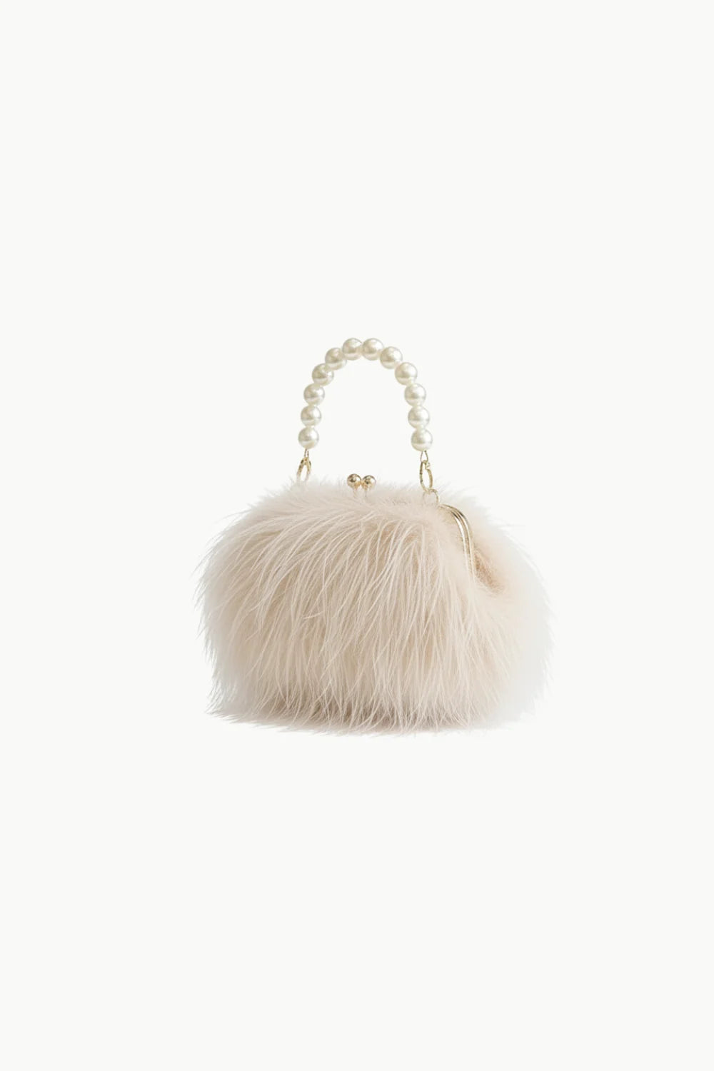 Fuzzy white plush beaded bag with pearl handle for elegant accessory style