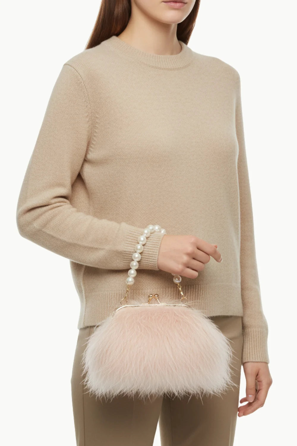 Light pink plush beaded bag with pearl handle, stylish beaded bag for elegance