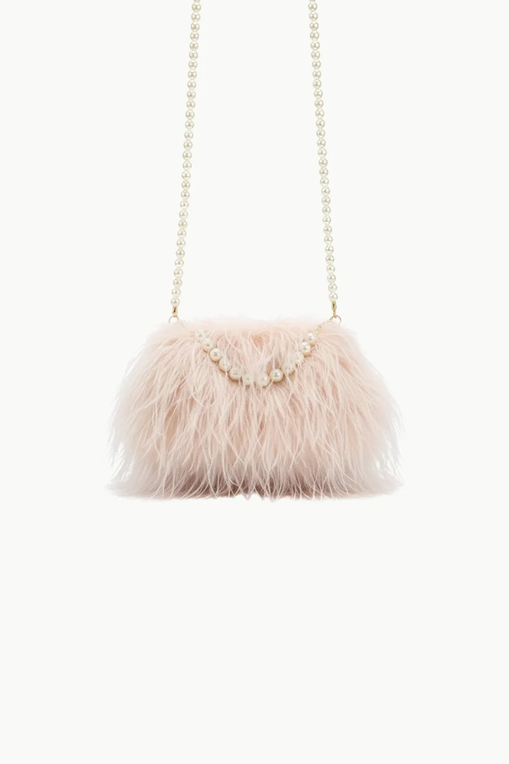 Light pink plush beaded bag with pearl-embellished flap and pearl chain strap