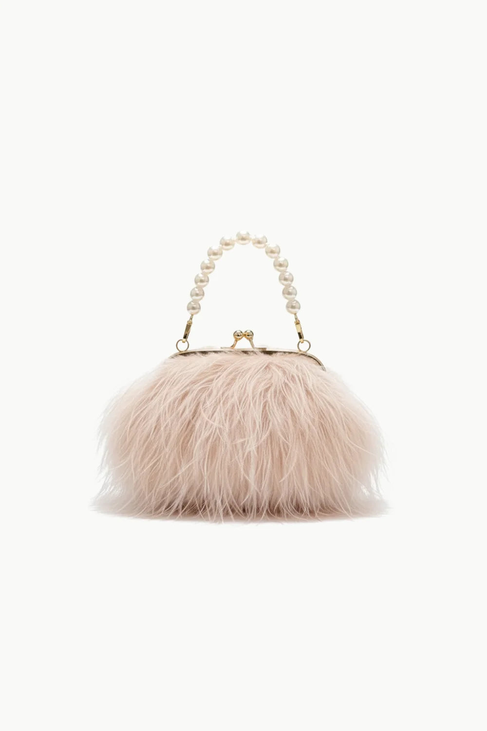Light pink feathered plush beaded bag with pearl handle for elegant occasions