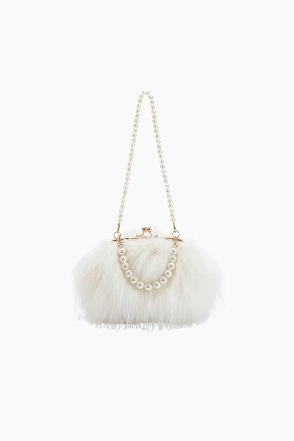 White faux fur clutch with pearl straps, Plush Beaded Bag, stylish beaded bag accessory