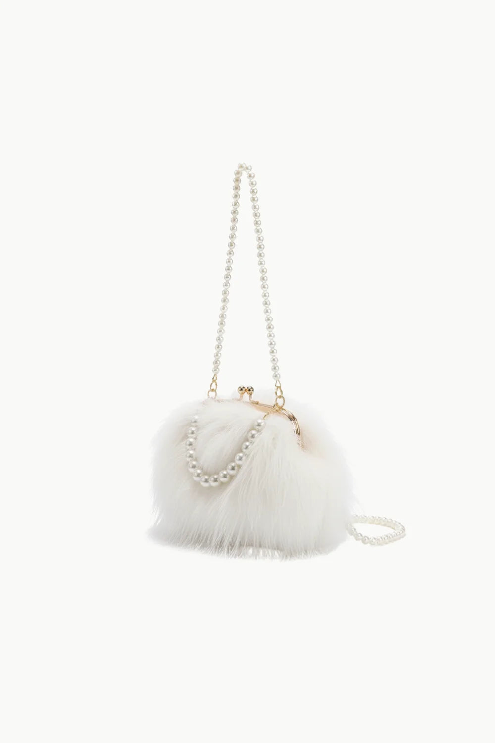 White faux fur clutch with pearl shoulder and straps, plush beaded bag accessory