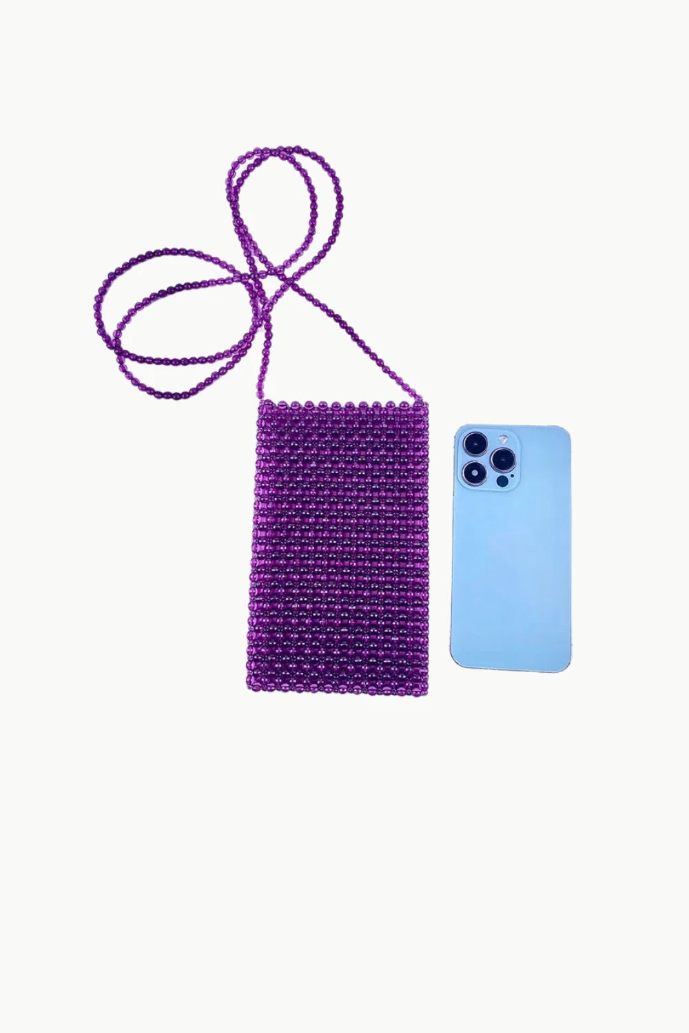 Purple beaded crossbody bag with long strap, stylish beaded crossbody phone pouch
