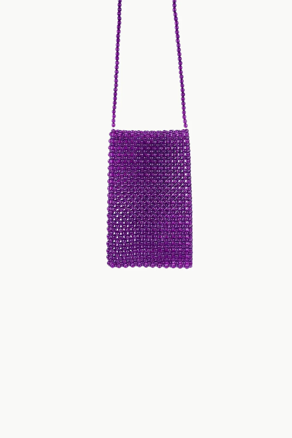 Purple beaded crossbody bag with a rectangular shape and a long strap
