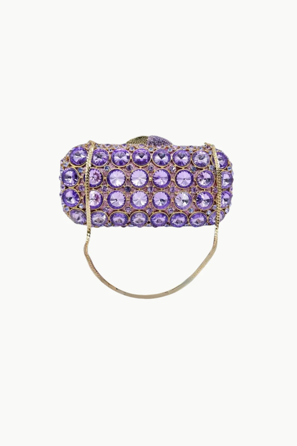 Purple beaded evening bag with jewel-encrusted clutch and gold chain strap