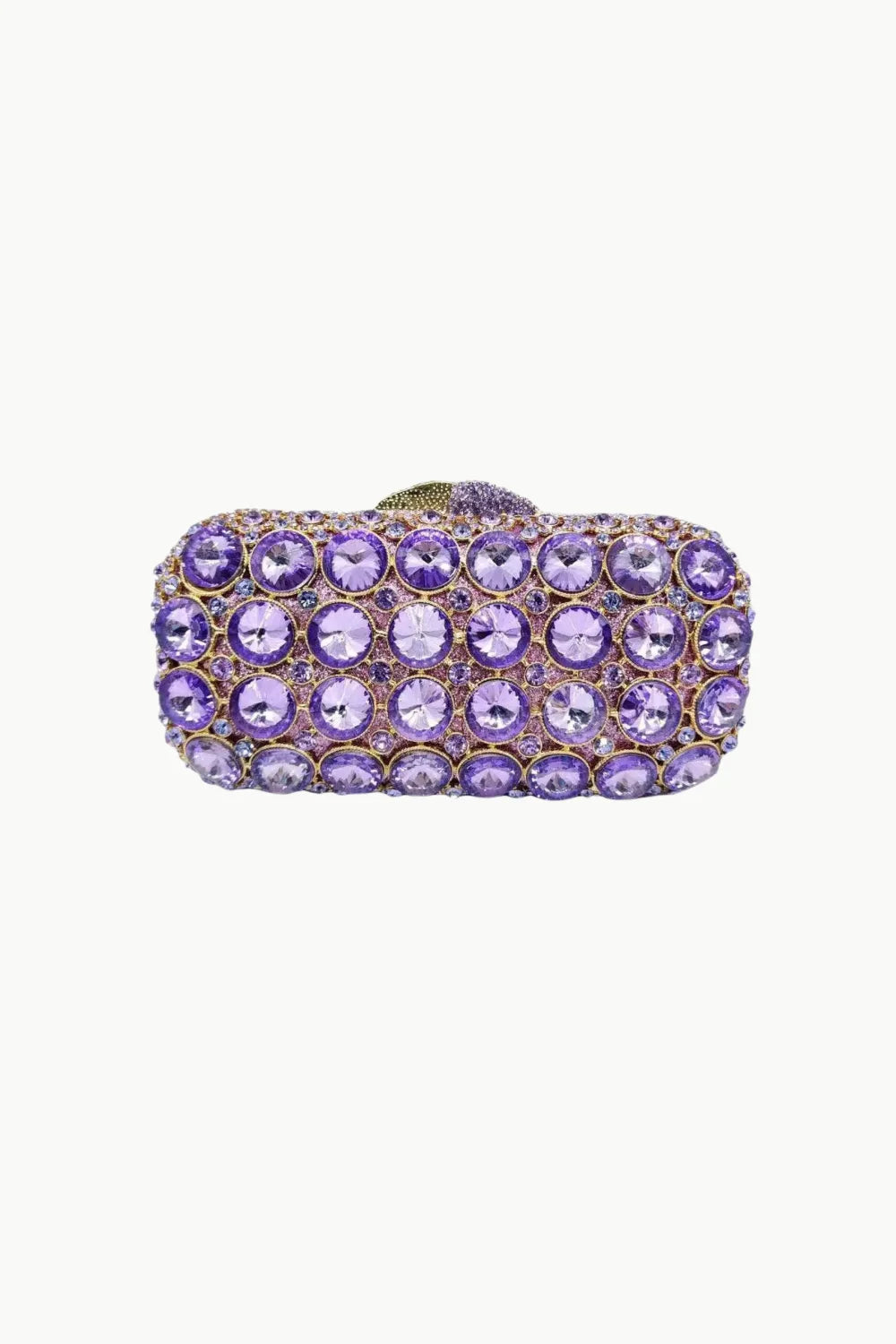Purple Beaded Evening Bag with round purple gemstones and gold-toned frame