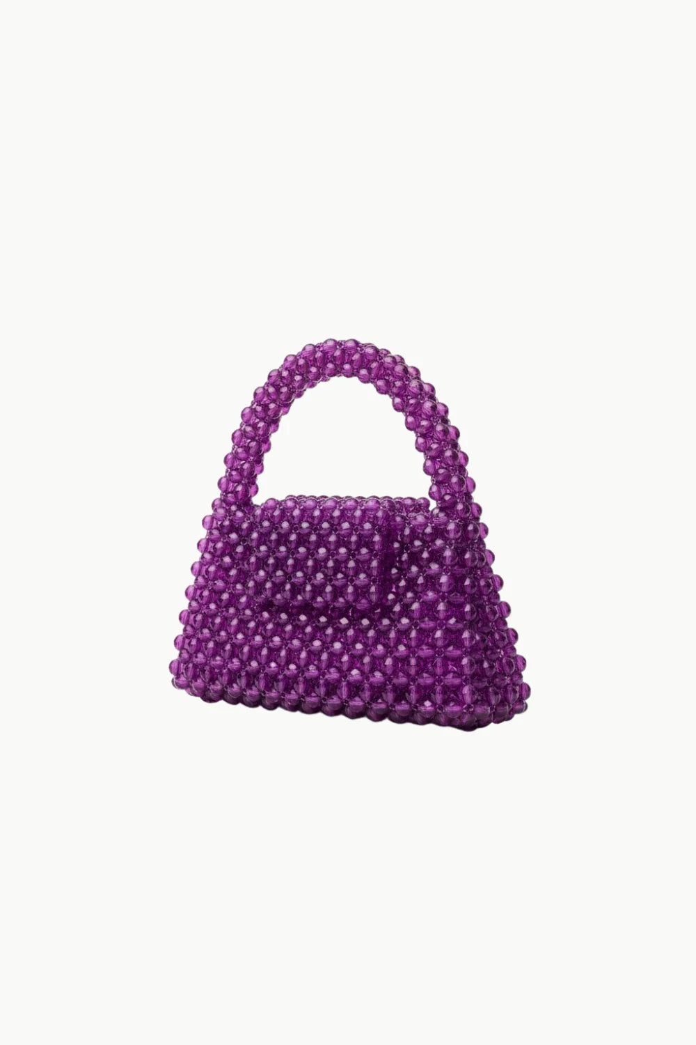 Purple beaded purse with top handle and flap closure, stylish purple beaded handbag