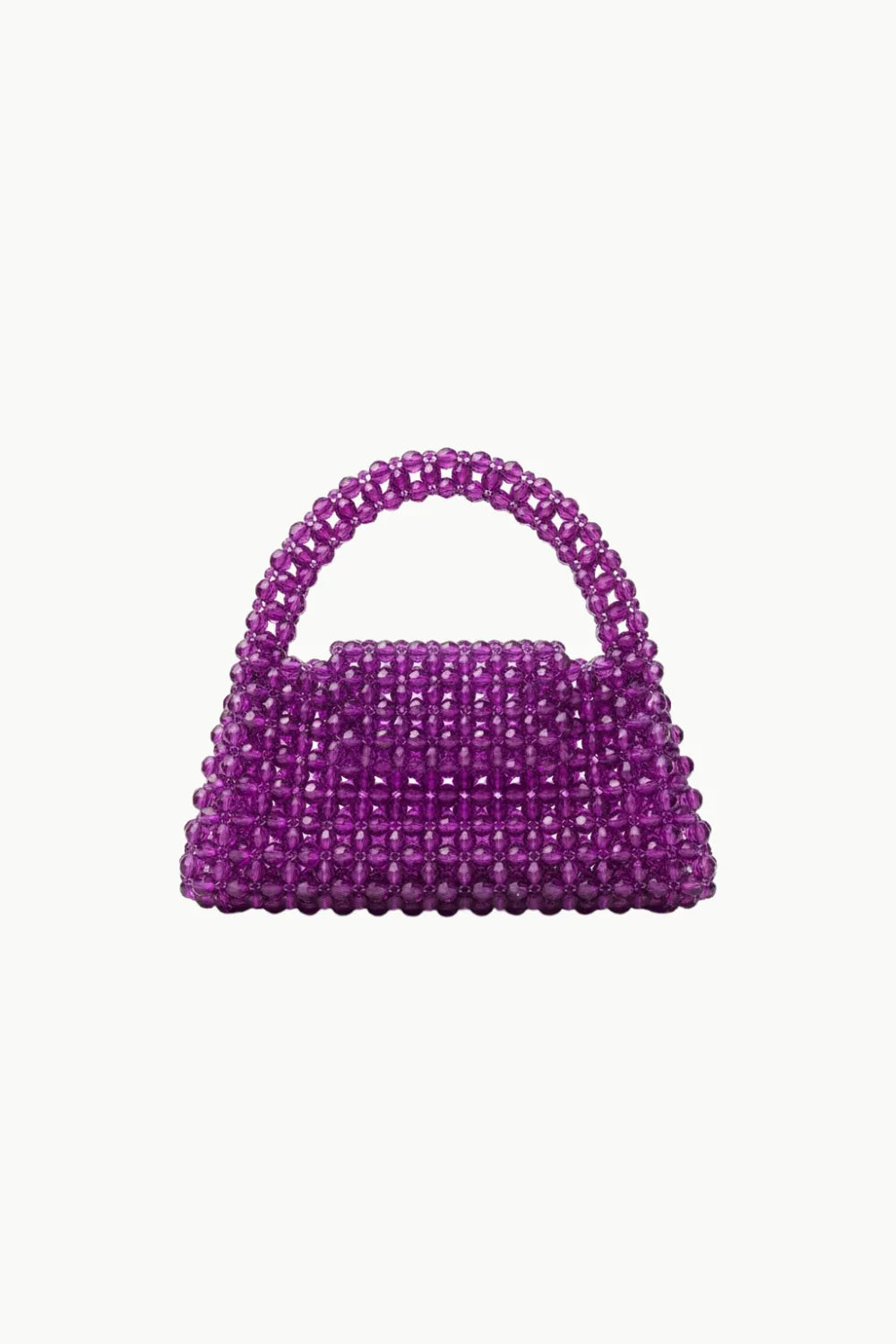 Purple beaded purse with a rounded top handle, stylish purple beaded handbag for women