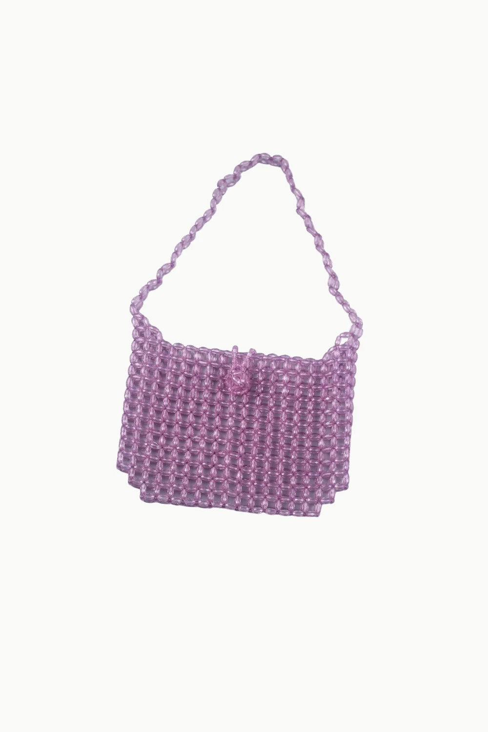 Purple beaded shoulder bag with twisted strap and button closure, stylish beaded shoulder accessory
