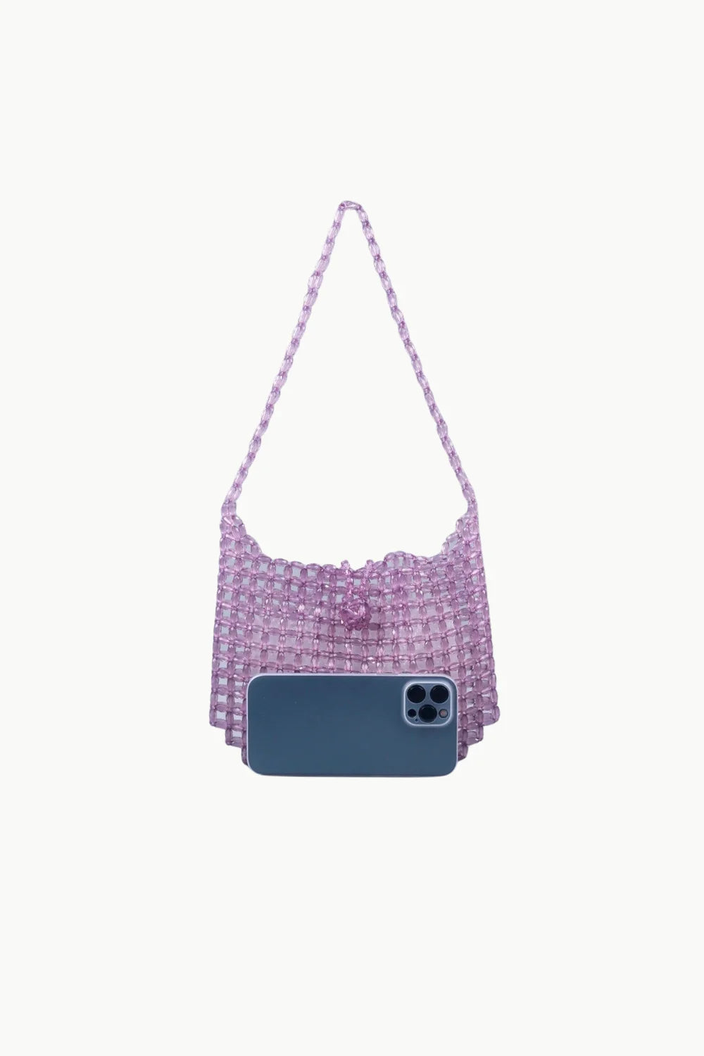 Light purple beaded shoulder bag with phone in front, perfect for stylish outings