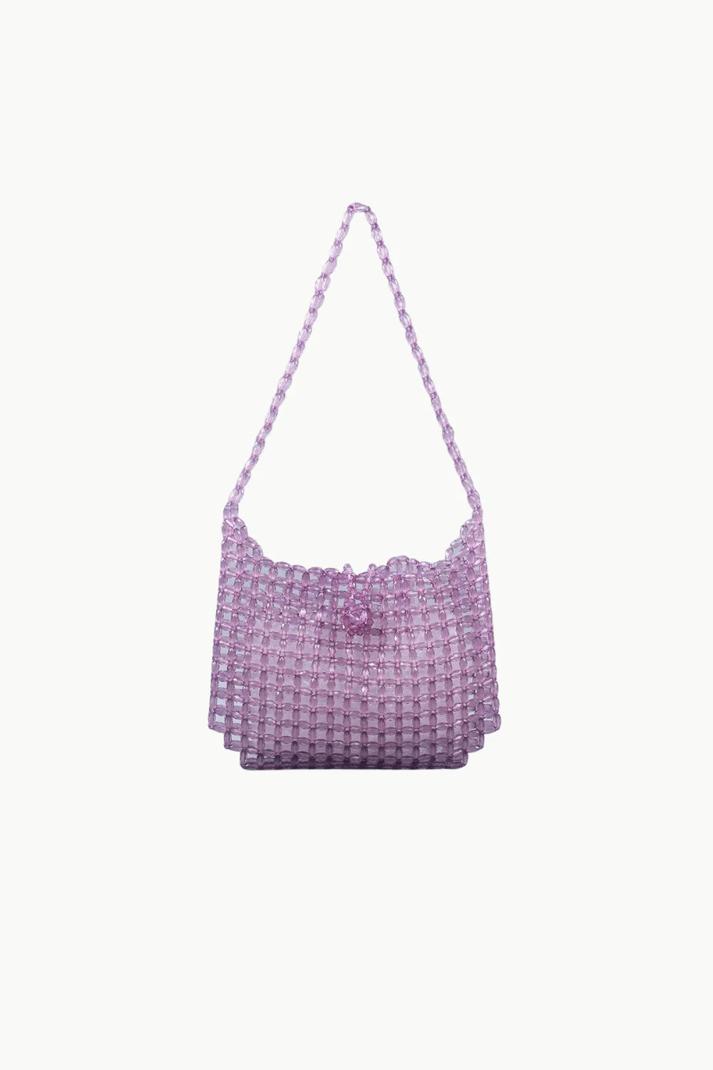 Purple beaded shoulder bag with ruffled top edge and woven strap for stylish accessory