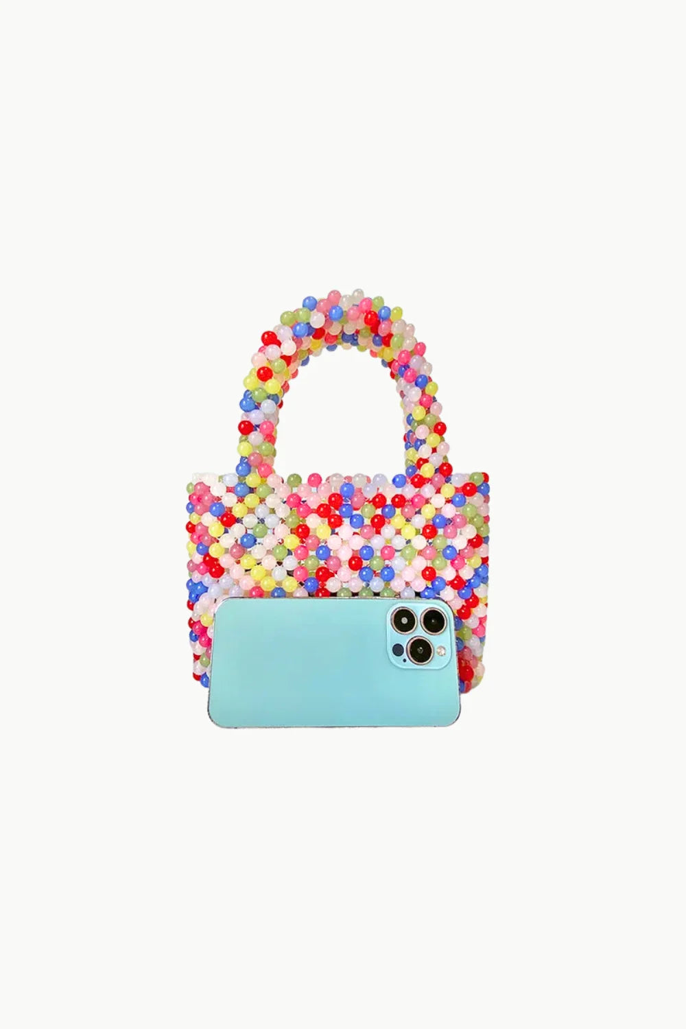 Colorful rainbow beaded bag with dual handles and open top, perfect as a rainbow beaded bag