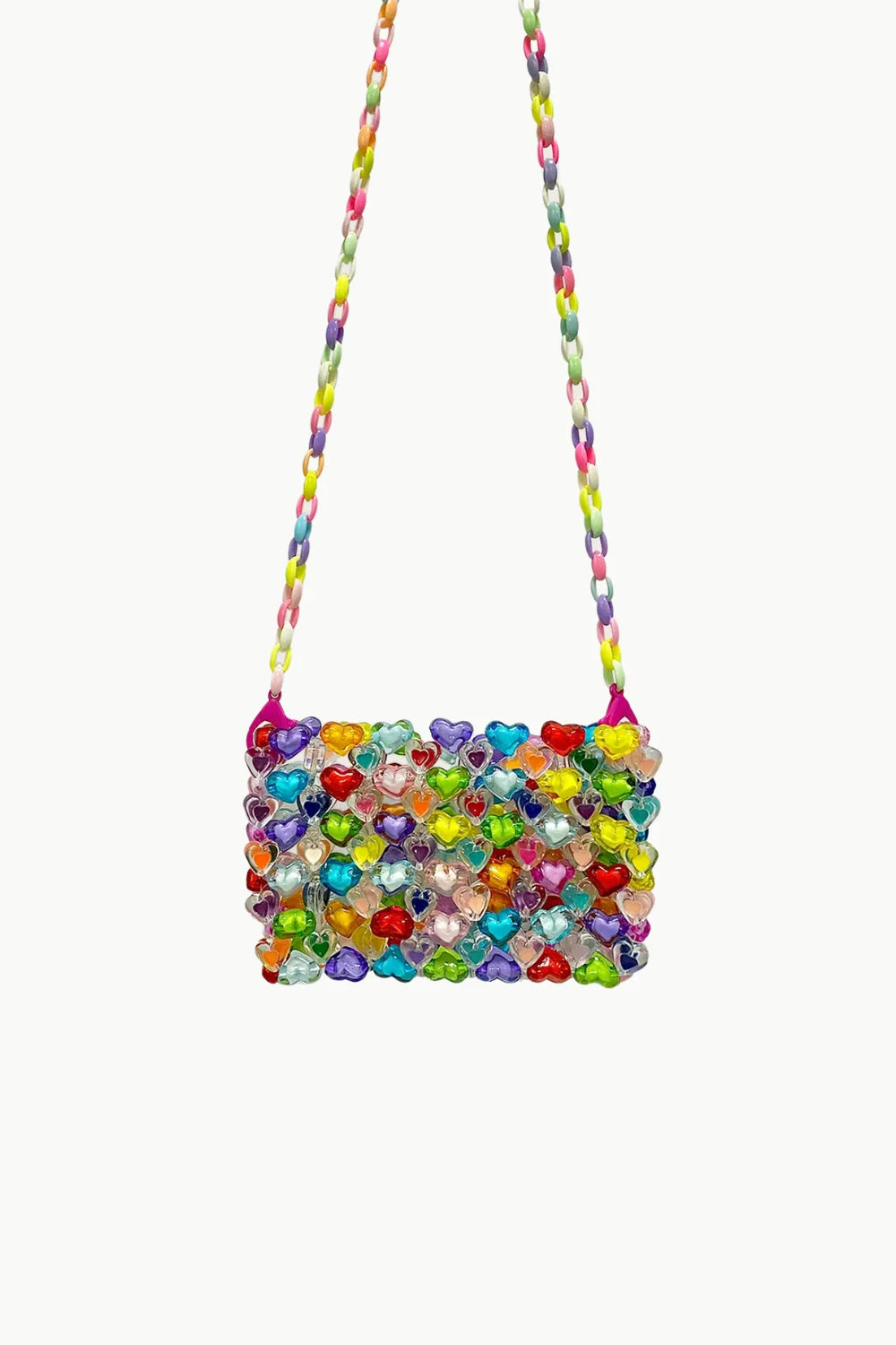 Colorful beaded heart-shaped mini shoulder bag with rainbow chain strap, perfect rainbow beaded crossbody accessory